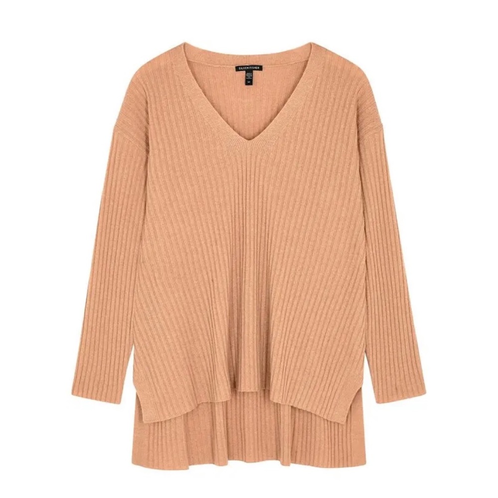 100% Cashmere EILEEN FISHER Rose Ribbed Knit Jumper V-Neck sz S